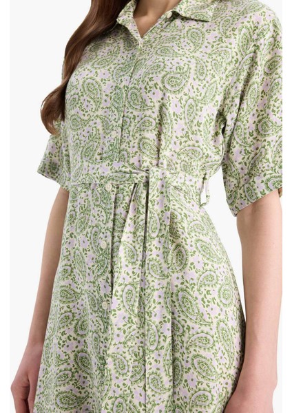 A Kesim Gömlek Yaka Desenli Bağcıklı Kısa Kollu Midi Elbise D4575AX25SP