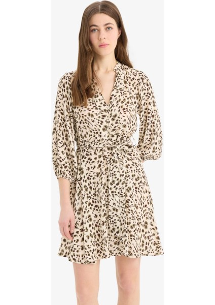 Hakim Yaka Leopar Desenli Maroken Yarım Kollu Mini Elbise