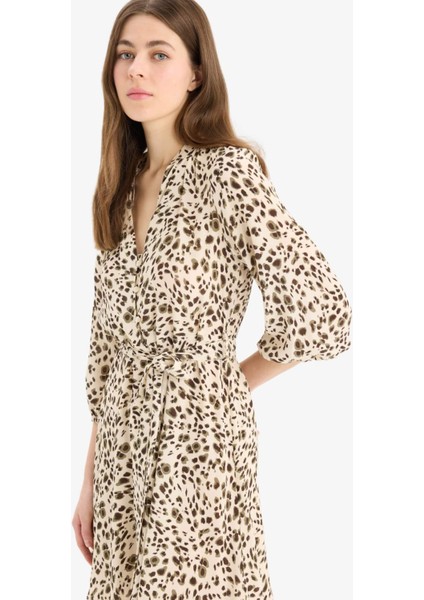 Hakim Yaka Leopar Desenli Maroken Yarım Kollu Mini Elbise