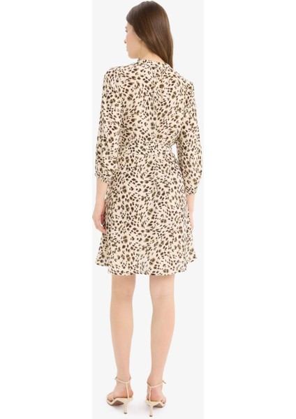 Hakim Yaka Leopar Desenli Maroken Yarım Kollu Mini Elbise