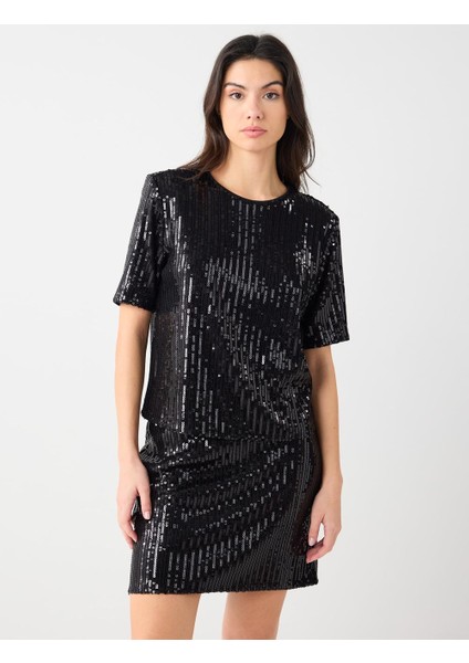 Siyah Rahat Kesim Yuvarlak Yaka Payetli Örme Bluz