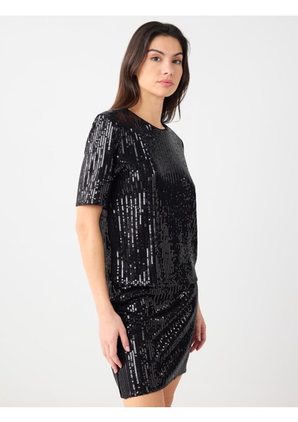 Siyah Rahat Kesim Yuvarlak Yaka Payetli Örme Bluz