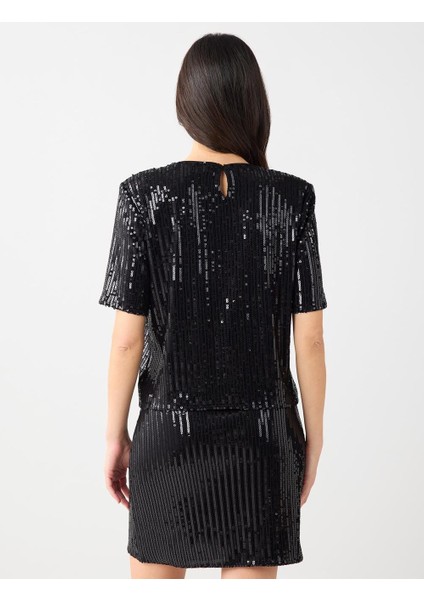 Siyah Rahat Kesim Yuvarlak Yaka Payetli Örme Bluz