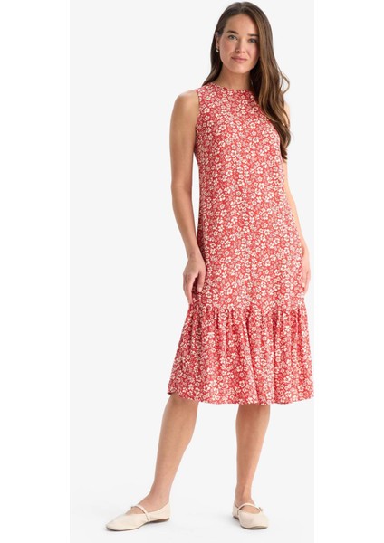 Regular Fit Çiçek Desenli Bisiklet Yaka Kolsuz Midi Yazlık Elbise E9437AX25SM