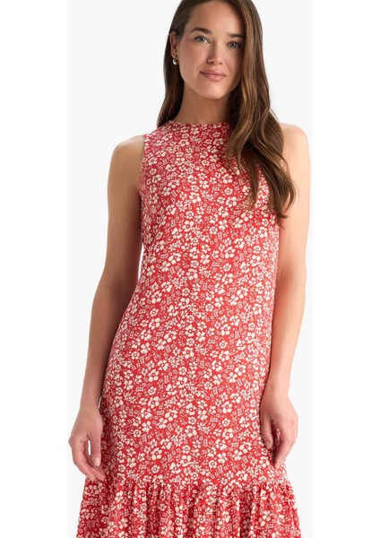 Regular Fit Çiçek Desenli Bisiklet Yaka Kolsuz Midi Yazlık Elbise E9437AX25SM