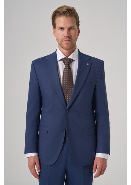 Erkek Lacivert Yünlü Trend Desenli Dynamic Fit Mono Yaka Takım Elbise