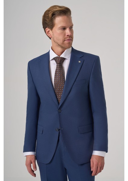 Erkek Lacivert Yünlü Trend Desenli Dynamic Fit Mono Yaka Takım Elbise modelleri