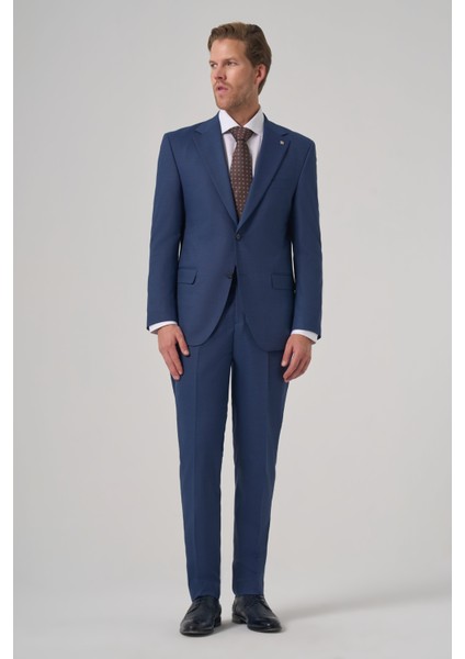 Erkek Lacivert Yünlü Trend Desenli Dynamic Fit Mono Yaka Takım Elbise fırsatları
