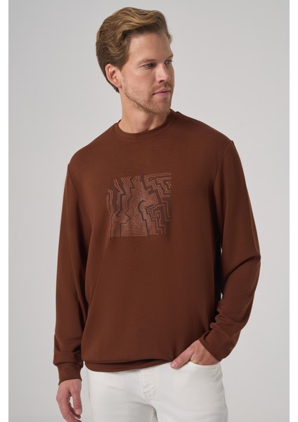 Erkek Kiremit Trend Baskılı Bisiklet Yaka Sweatshirt