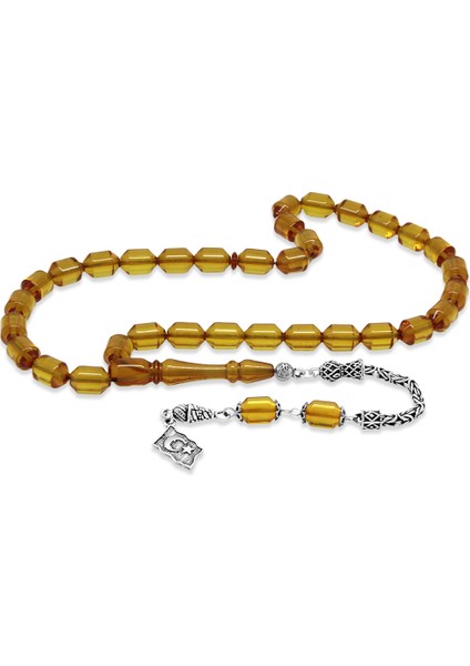 925 Ayar Gümüş Kral Püsküllü Uçlu Kapsül Kesim Sarı Ateş Kehribar Tesbih