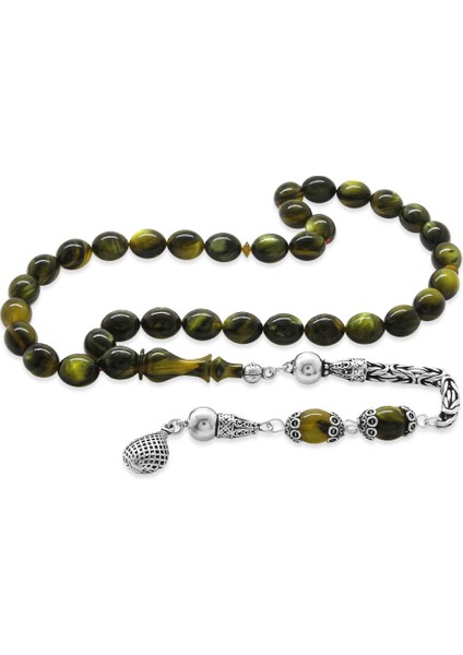 925 Ayar Gümüş Kral Püsküllü Özel Kesim Yeşil Siyah Sedefli Katalin Tesbih