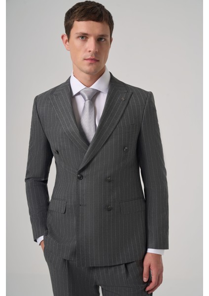 Erkek Füme Poliviskon Trend Çizgili Slim Fit Kruvaze Takım Elbise