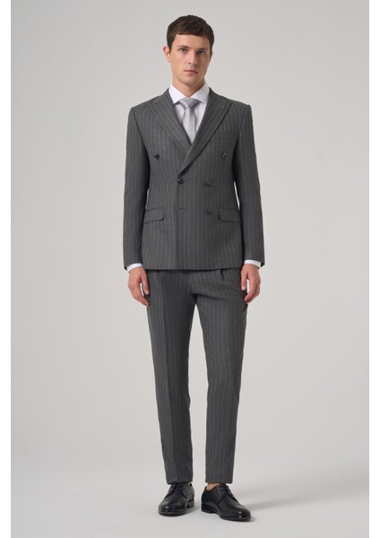 Erkek Füme Poliviskon Trend Çizgili Slim Fit Kruvaze Takım Elbise fırsatları