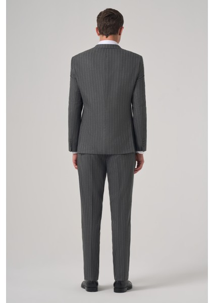 Erkek Füme Poliviskon Trend Çizgili Slim Fit Kruvaze Takım Elbise indirimleri