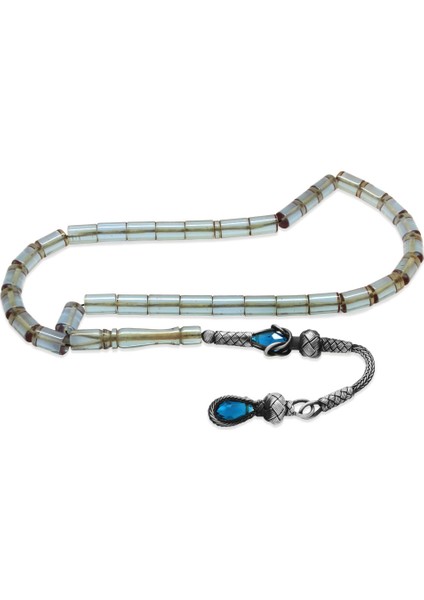 1000 Ayar Gümüş Kazaz Püsküllü Kesme Kesim Su Mavisi Ateş Kehribar Tesbih