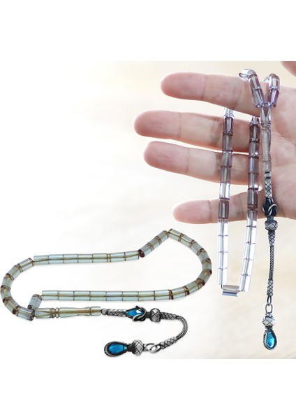 1000 Ayar Gümüş Kazaz Püsküllü Kesme Kesim Su Mavisi Ateş Kehribar Tesbih fiyatları