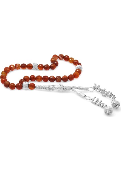 1000 Ayar Gümüş Kazaz Isim Yazılı Püsküllü Fasetalı Kesim Akik Doğaltaş Tesbih