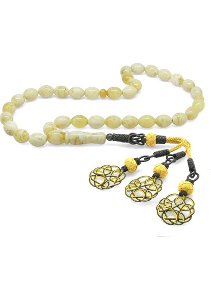 Damla Kehribar Tesbih - 1000 Ayar Gümüş Kazaz Püsküllü - King Seccer - Arpa Kesim - Premium Kutulu