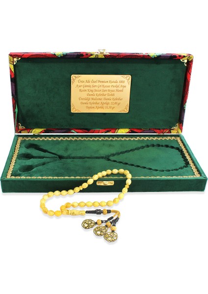 Damla Kehribar Tesbih - 1000 Ayar Gümüş Kazaz Püsküllü - King Seccer - Arpa Kesim - Premium Kutulu fiyatları