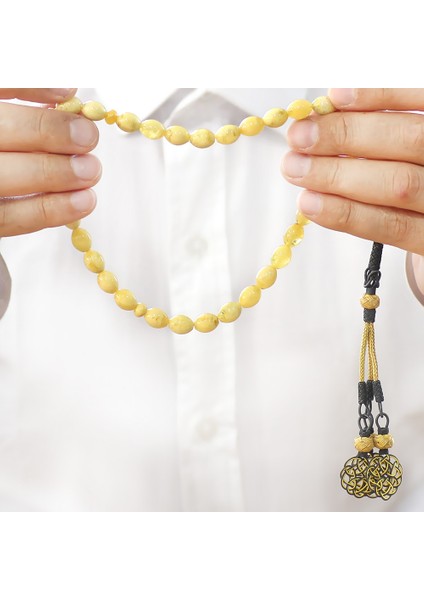 Damla Kehribar Tesbih - 1000 Ayar Gümüş Kazaz Püsküllü - King Seccer - Arpa Kesim - Premium Kutulu fırsatları