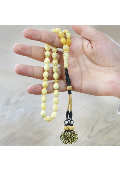 Damla Kehribar Tesbih - 1000 Ayar Gümüş Kazaz Püsküllü - King Seccer - Arpa Kesim - Premium Kutulu indirimleri