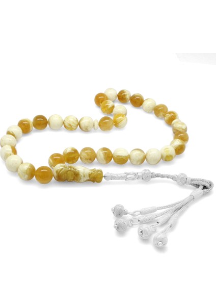 Premium Kutulu Gümüş Kazaz Püsküllü Küre Kesim Maxi Boy King Seccer Sarı Beyaz Damla Kehribar Tesbih fiyatları