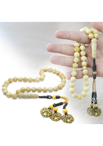 Damla Kehribar Tesbih - 1000 Ayar Gümüş Kazaz Püsküllü - Küre Kesim - King Seccer - Premium Kutulu fırsatları