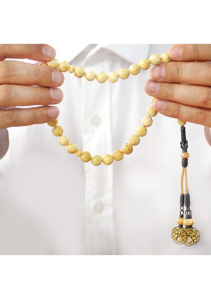 Damla Kehribar Tesbih - 1000 Ayar Gümüş Kazaz Püsküllü - Küre Kesim - King Seccer - Premium Kutulu indirimleri