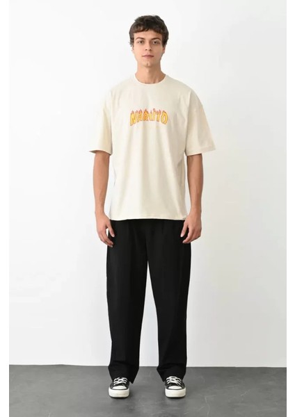 Unisex Bisiklet Yaka Baskılı Oversize T-Shirt - Beyaz