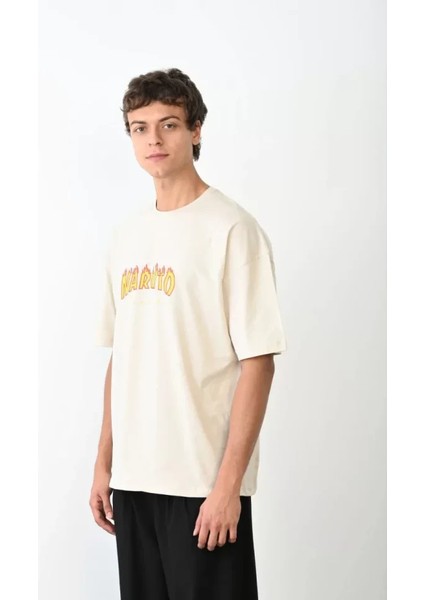 Unisex Bisiklet Yaka Baskılı Oversize T-Shirt - Beyaz modelleri