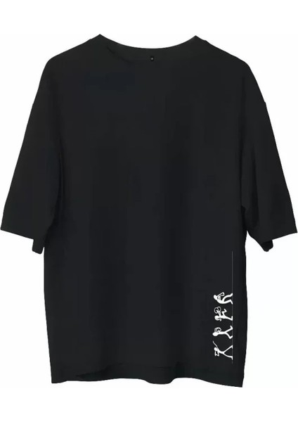 Unisex Bisiklet Yaka Baskılı Oversize T-Shirt - Siyah