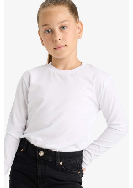 Kız Çocuk Bisiklet Yaka Basic Düz Uzun Kollu Okul Tişörtü