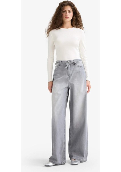 Wide Leg Yüksek Bel Uzun Jean Yıkamalı Pantolon