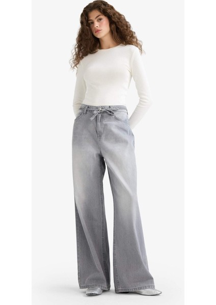 Wide Leg Yüksek Bel Uzun Jean Yıkamalı Pantolon