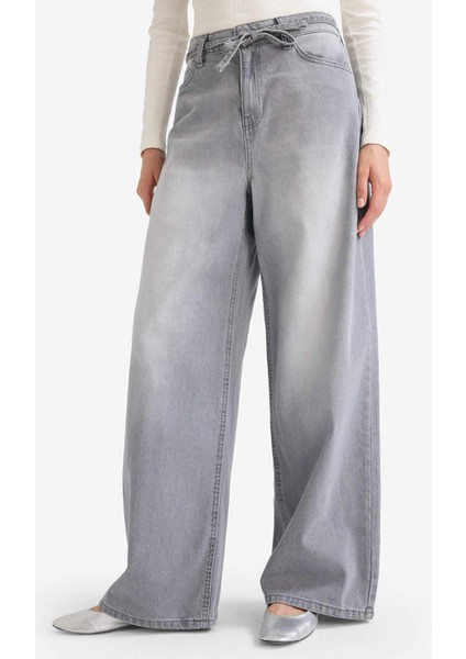 Wide Leg Yüksek Bel Uzun Jean Yıkamalı Pantolon