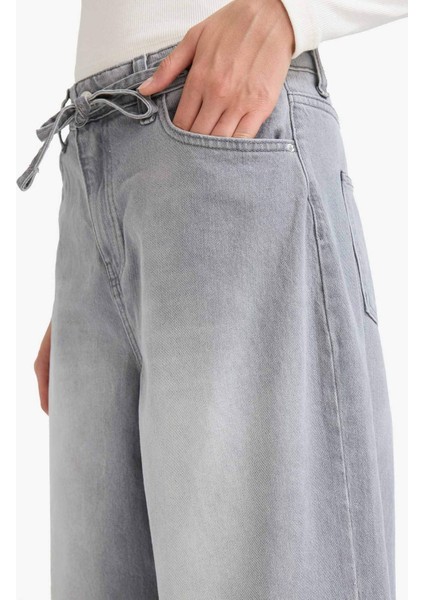 Wide Leg Yüksek Bel Uzun Jean Yıkamalı Pantolon