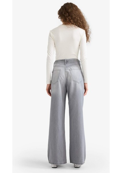 Wide Leg Yüksek Bel Uzun Jean Yıkamalı Pantolon