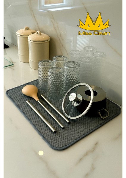 Gri Renk Mikrofiber Bulaşık Kurulama Matı Kurutma Örtüsü Tezgah Üstü Süper Emici 36*45 cm