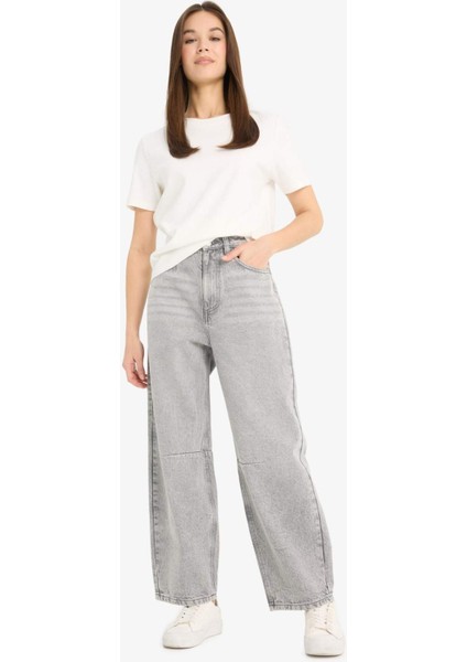 Barrel Fit Yüksek Bel Düz Paça Uzun Jean Kar Yıkamalı Pantolon E8412AX25AU