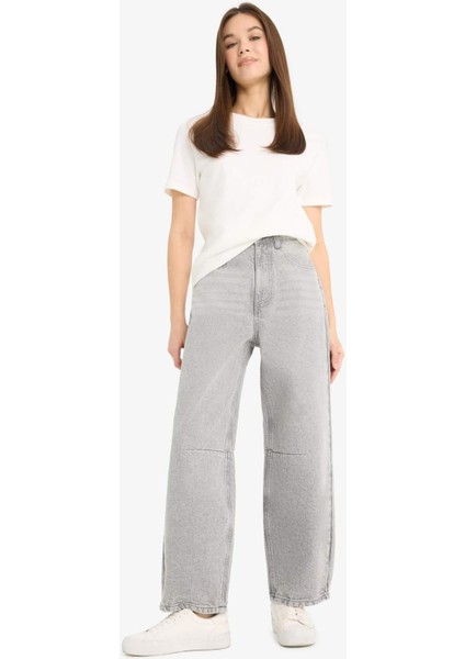 Barrel Fit Yüksek Bel Düz Paça Uzun Jean Kar Yıkamalı Pantolon E8412AX25AU