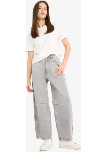 Barrel Fit Yüksek Bel Düz Paça Uzun Jean Kar Yıkamalı Pantolon E8412AX25AU