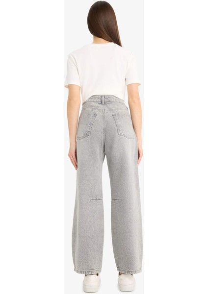 Barrel Fit Yüksek Bel Düz Paça Uzun Jean Kar Yıkamalı Pantolon E8412AX25AU