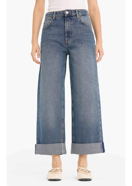 Baggy Fit Yüksek Bel Katlamalı Paça Jean Pantolon