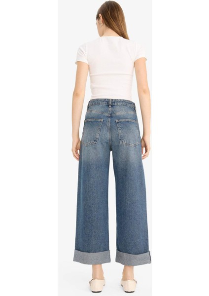 Baggy Fit Yüksek Bel Katlamalı Paça Jean Pantolon