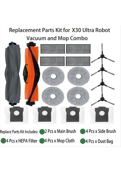 X30 Ultra Robot Vakum ve Paspas Combo Ana Yan Fırça Hepa Filtre Paspas Pedi Toz Torbası Aksesuarları Parçaları (Yurt Dışından) fiyatları