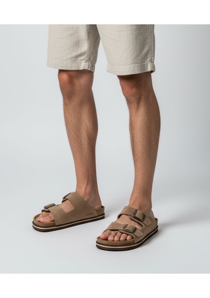 Buga H2520 Hakiki Nubuk Deri Çift Tokalı Bej Erkek Terlik