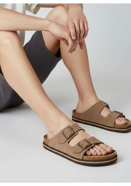 Buga H2520 Hakiki Nubuk Deri Çift Tokalı Bej Erkek Terlik