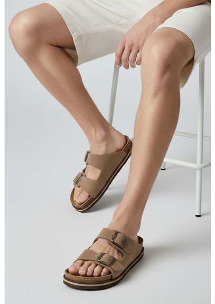 Buga H2520 Hakiki Nubuk Deri Çift Tokalı Bej Erkek Terlik