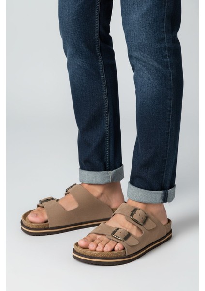 Buga H2520 Hakiki Nubuk Deri Çift Tokalı Bej Erkek Terlik