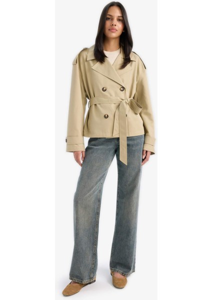 Regular Fit Cepli Kemerli Kısa Trençkot